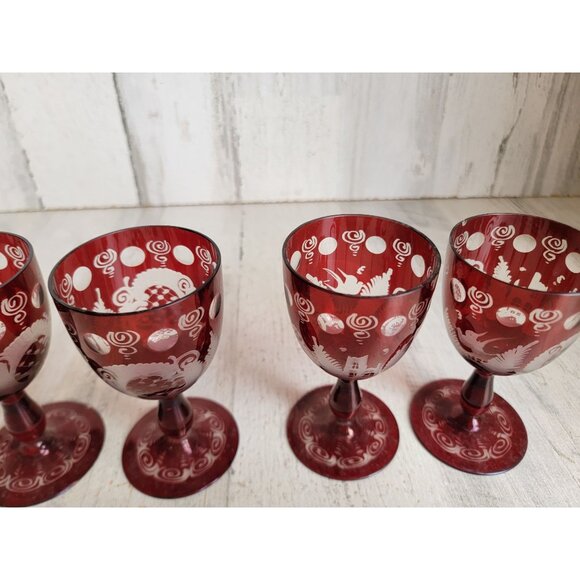 Egermann red cup Bohemian etched glass set collectible vintage - Picture 5 of 13
